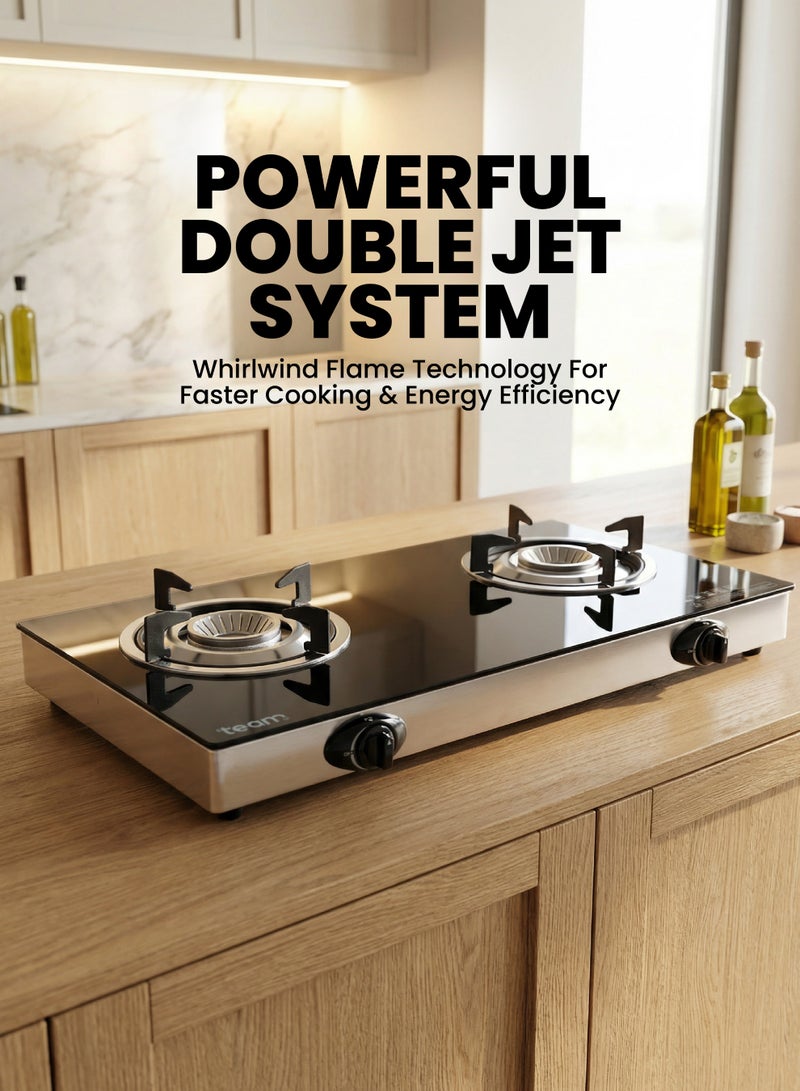 TEAM Double Burner Gas Stove with Tempered Glass Top, Automatic Ignition, Cast Iron Burners & Pan Support – Whirlwind Flame Design for Fast Cooking - Image 5
